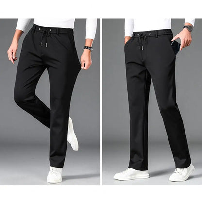 Men Casual Pants Loose Straight Drawstring Elastic Waist Business Pants Solid Color Breathable 2 Side Pockets Sports Trousers