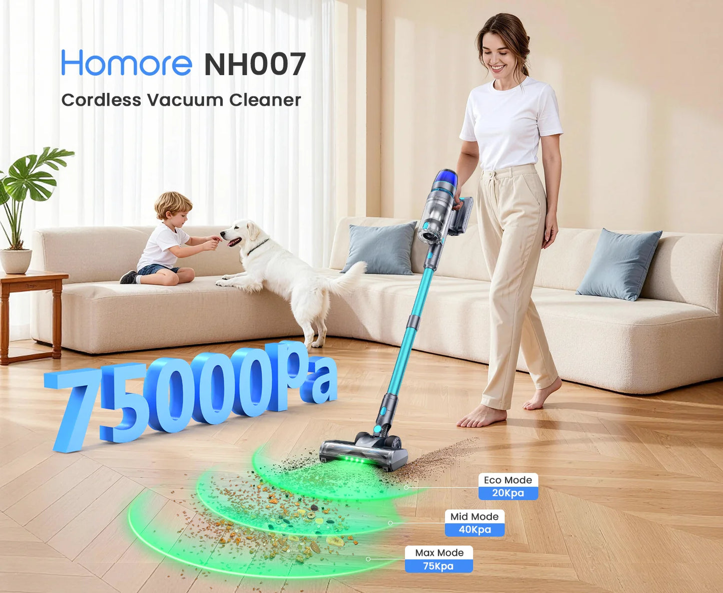 Homore NH007 650W/75KPA Powerful Cordless Vacuum Cleaner with LED Ambient Light, Smart Suction and Self-Standing Design