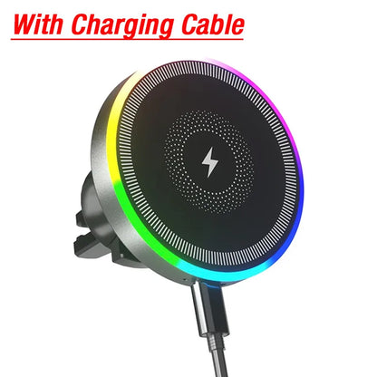 RGB Light Car Magnetic Phone Holder Air Vent Stand Wireless Charger For Magsafe iPhone 16 15 14 13 12 Pro Max Fast Charging Dock