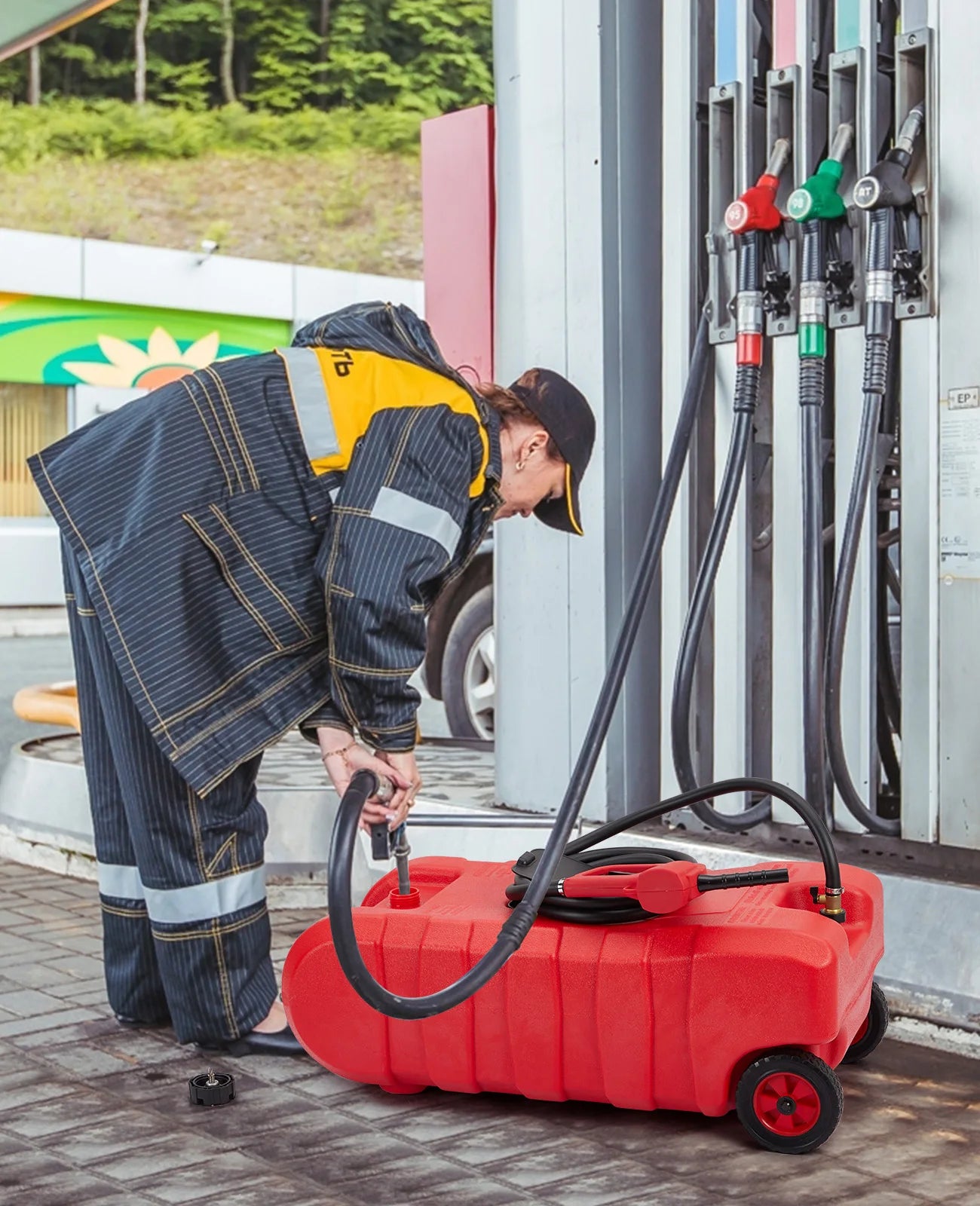 Heavy-Duty 15 Gallon Portable Fuel Caddy – Manual Siphon Pump & 10FT Delivery Hose – On-Wheels Gas & Heavy-duty Transfer Tank – Ideal Tool Storage for Cars, Lawn Mowers, Boats