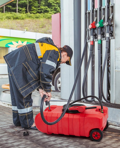 Heavy-Duty 15 Gallon Portable Fuel Caddy – Manual Siphon Pump & 10FT Delivery Hose – On-Wheels Gas & Heavy-duty Transfer Tank – Ideal Tool Storage for Cars, Lawn Mowers, Boats