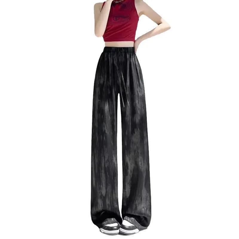 Summer Loose Straight Casual Draped Ice Silk Tie-Dye Wide-Leg Pants Grils Mosquito-proof Casual Trousers Women's Wide-leg Pants