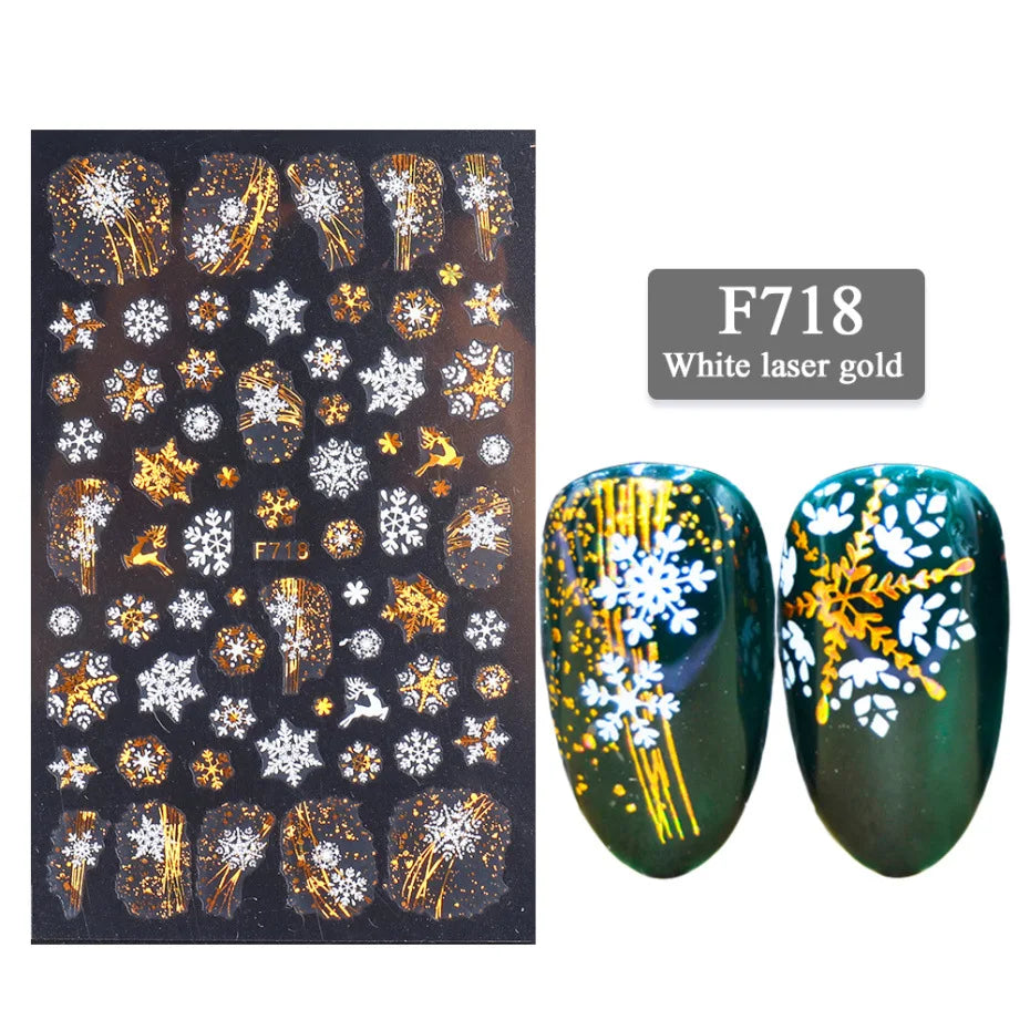 1PCS New Christmas Decorations 2023 New Year Nail Stickers Press on Nails Laser Snowflake Christmas Tree 3D Nail Decal