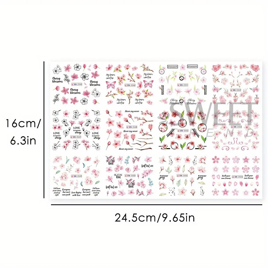 12pcs Pink Cherry Blossom Water Nail Sliders Winter New Year Sakura Floral Leaves Stickers DIY Charm Accessories Manicure Decor