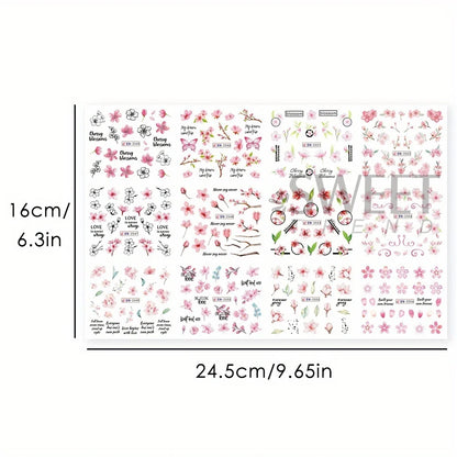 12pcs Pink Cherry Blossom Water Nail Sliders Winter New Year Sakura Floral Leaves Stickers DIY Charm Accessories Manicure Decor