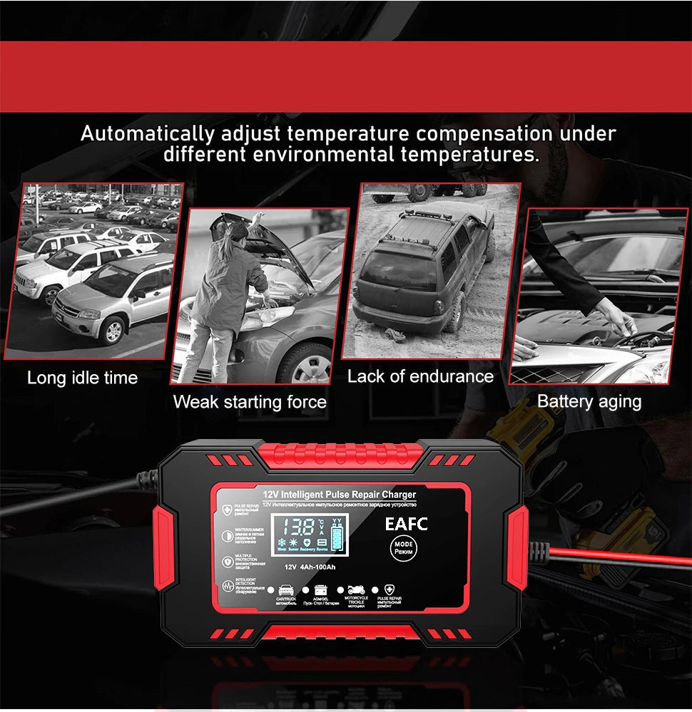 Car Battery Charger 12V 6A Pulse Repair LCD Display Smart Fast Charge AGM Deep Cycle GEL Lead-Acid Charger For Auto Motorcycle
