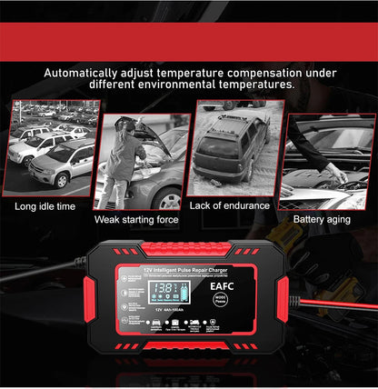 Car Battery Charger 12V 6A Pulse Repair LCD Display Smart Fast Charge AGM Deep Cycle GEL Lead-Acid Charger For Auto Motorcycle