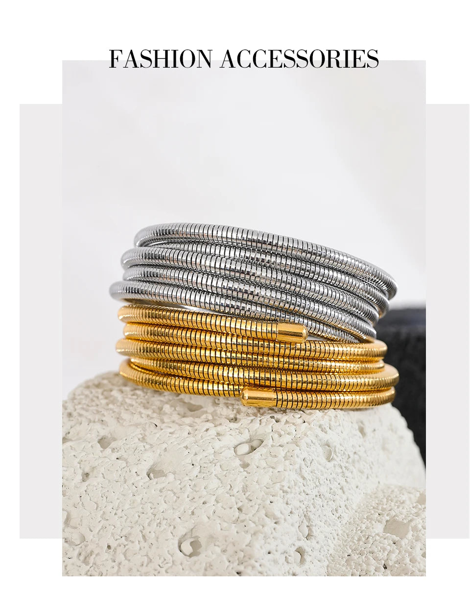 Yhpup Stainless Steel Stackable Multi-Layer Wrap Arm Bracelet Bangle Metal Elastic Waterproof Fashion Unisex Jewelry Men Women