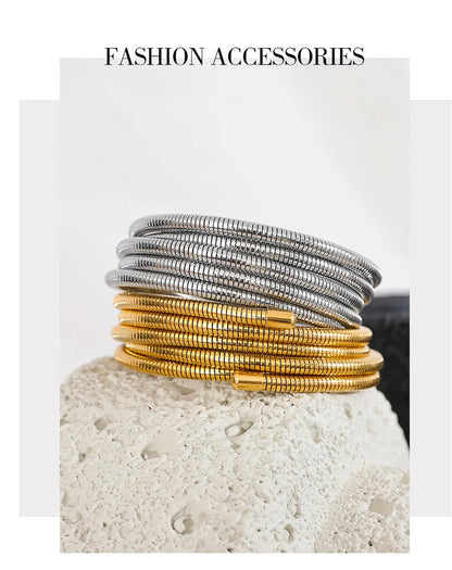 Yhpup Stainless Steel Stackable Multi-Layer Wrap Arm Bracelet Bangle Metal Elastic Waterproof Fashion Unisex Jewelry Men Women
