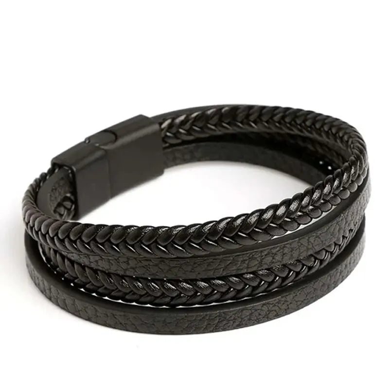 21cm Trendy Leather Bracelets Men Stainless Steel Multilayer Braided Rope Bracelets For Male Bracelets Jewelry