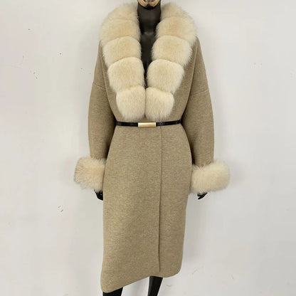 Long Knitwear Coat Women Warm Belt Real Fox Fur Jacket Female 2024 New Autumn Winter Kintted Natural Fur Coat Women