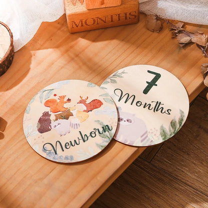 Newborn Baby Growth Milestones 0-12 Months Wooden Card With Box Photo Accessory Cartoon Animal Picture Souvenir Wooden Baby Gift