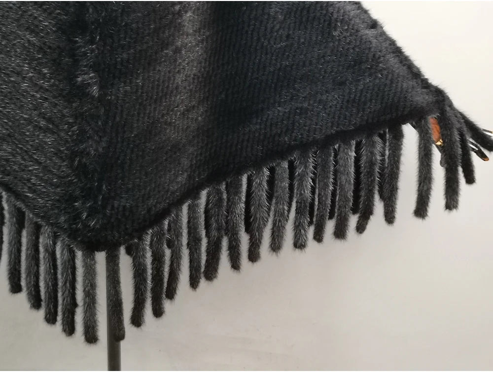 Fashion Women Fur Shawl Winter Knitted Real Mink Fur Stole With Fur Hood Knitted Mink Poncho Pashmina