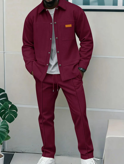 2026 Men's New Style Waffle Plain Color Collar Button-Down Pockets Long-Sleeved Pants Casual Jacket Set