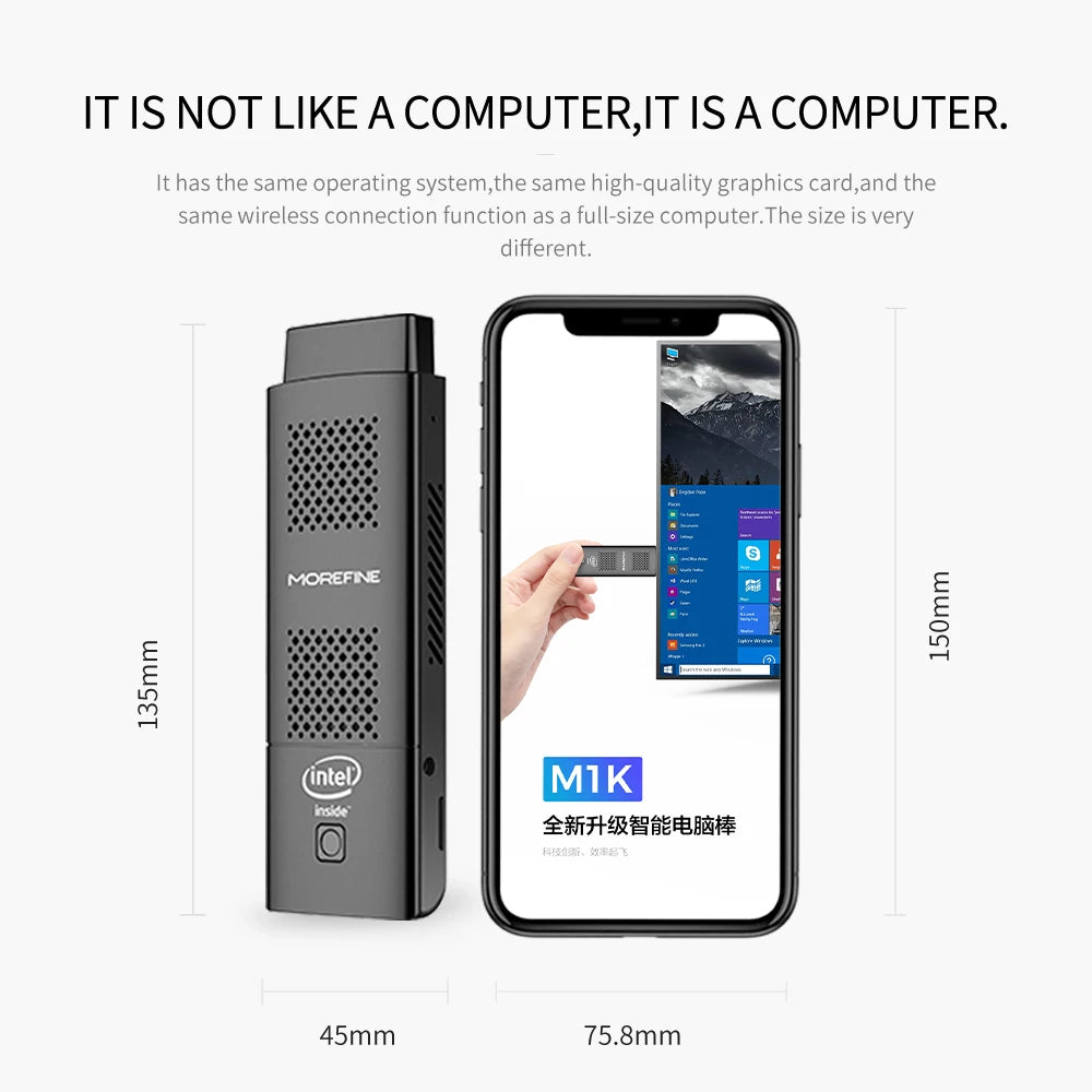 MOREFINE M1K Intel N5000 Pocket PC Win 11 LPDDR4 8GB 128GB/256GB SSD WIFI5 BT4.2 Intel UHD Graphics 4K HD Display Mini PC Stick