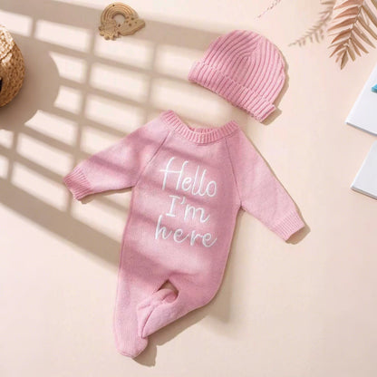Ylsteed "Hello" Embroidery Knitting Newborn Birth Announcement Outfits Footed Jumpsuit Baby Boy Girl Photography Props Newborn