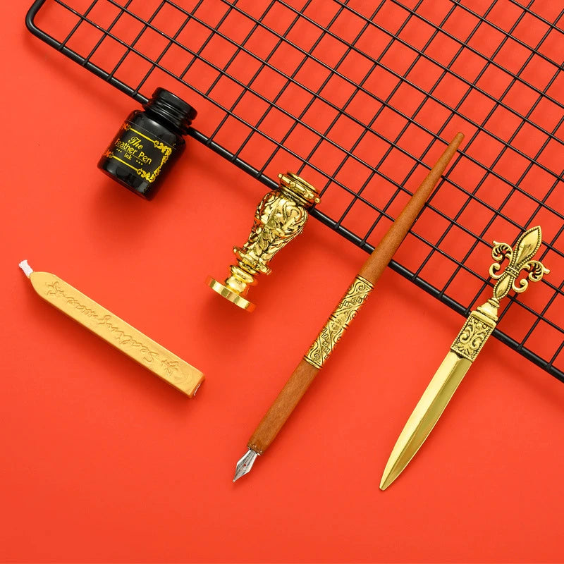 Sprinkling Gold Vintage Feather Pen Set Luxury Fountain Pen Ink Bottle Calligraphy Writing Dip Pen Nib Quill Birthday Gift Box