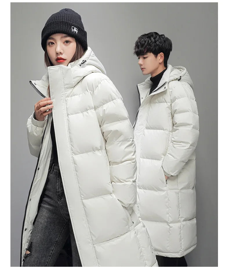 FGKKS 2025 Couple Winter Down Jacket Fashion Classic Slim Korean Style White Duck Down Men's Long Coat Women Hooded Outwear