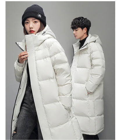 FGKKS 2025 Couple Winter Down Jacket Fashion Classic Slim Korean Style White Duck Down Men's Long Coat Women Hooded Outwear