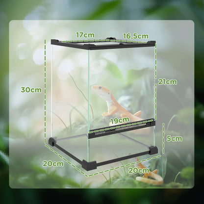 Glass terrarium for reptiles, vivarium 12 L with a metal trellis lid, 20x20x30 cm, black