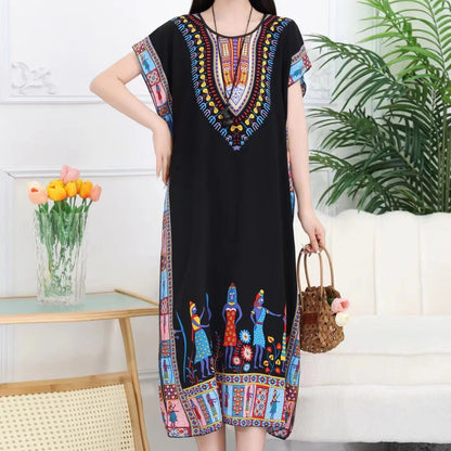 Casual Elegant Bohemian Printed Ethnic Style Retro Floral Woman Summer Street Wear Batwing Sleeve Loose Tunic Maternity Dress