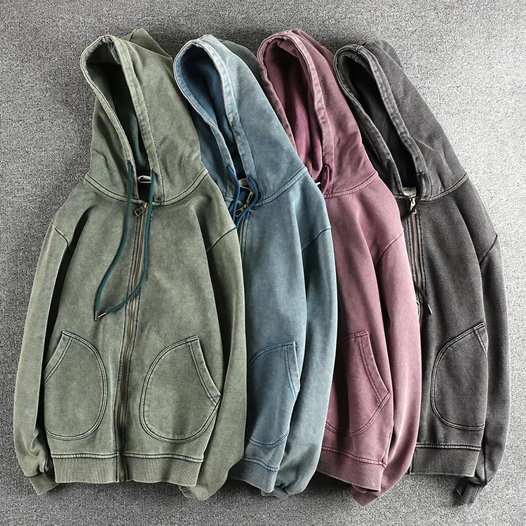Heavy wash vintage high street trend hoodie men's chunky wool cotton comfort cardigan coat