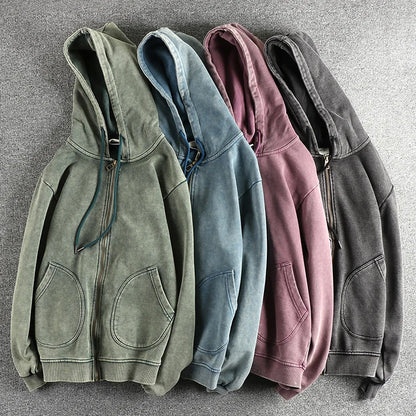 Heavy wash vintage high street trend hoodie men's chunky wool cotton comfort cardigan coat