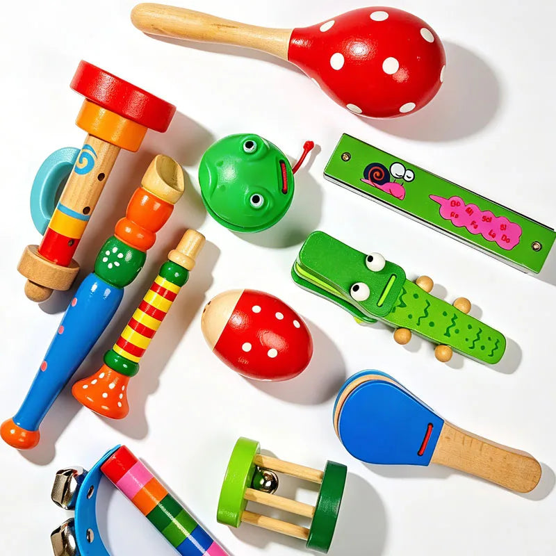 Wooden Music Instruments for Kids Rhythm Maracas Castanet Flute Jingle Bells Harmonica Trumpet Fiesta Carnival Party Favors