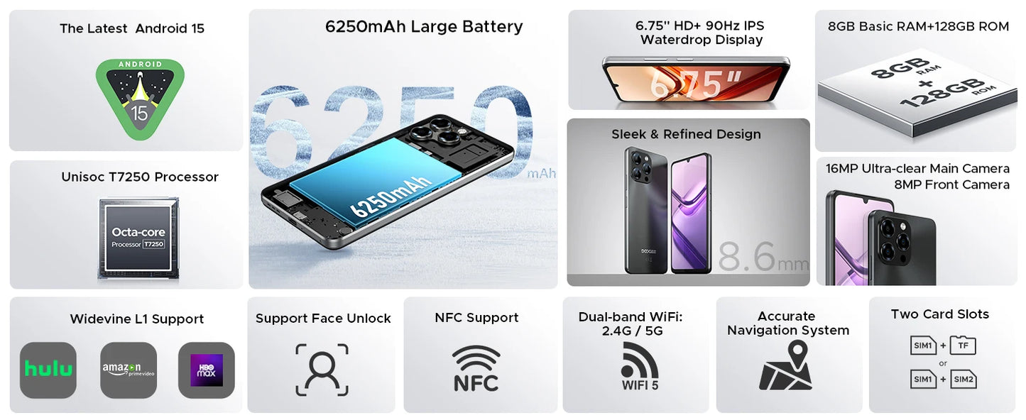 Global Version DOOGEE Note 58 Android 15 Smartphone 8GB RAM+128GB ROM 6.75" HD+ 90Hz IPS Screen 6250mAh Large battery NFC
