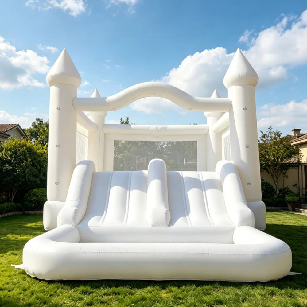 Inflatable Bounce House Bouncy Castle with Slide White Playhouse Commercial Outdoor Blow Up Jumping House Party Rental Birthday