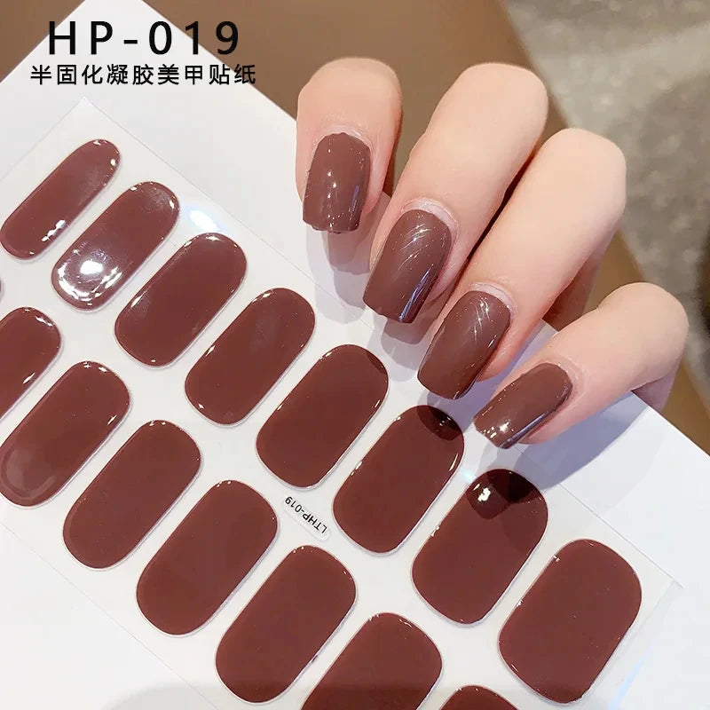 16Tips UV Semi-Cured Gel Nail Wraps Sticker 5D Pure Color Full Cover UV Lamp Gel Sticker Long-Lasting Nail Extension Patch Strip