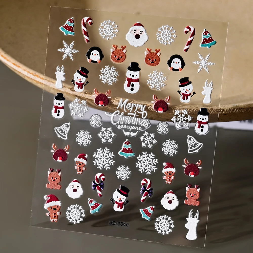 5D Embossed Gold Castle/Garland/Christmas Tree Nail Stickers White Snowflakes Bow Star Nail Decals Self-Adhesive Xmas Nail Decor