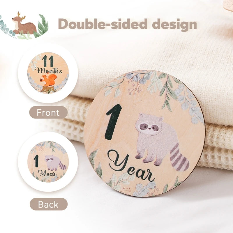 Newborn Baby Growth Milestones 0-12 Months Wooden Card With Box Photo Accessory Cartoon Animal Picture Souvenir Wooden Baby Gift