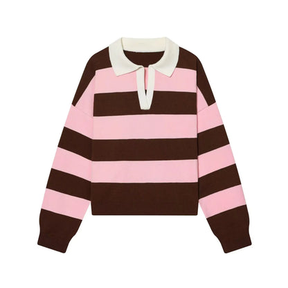 Sweater knitted Pullover Women's Spring 2026 New Fashion Striped Loose Polo neck Warm Women Sweater Chic Youth Holiday Pullover