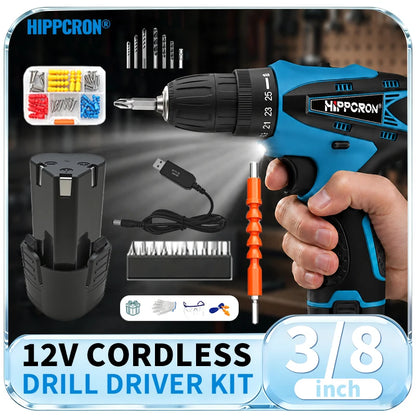 Hippcron 12V Lithium Electric Drill Tapping Cordless Impact Tool Ratchet Set Multifunction Screwdriver Household with 3/8" Chuck
