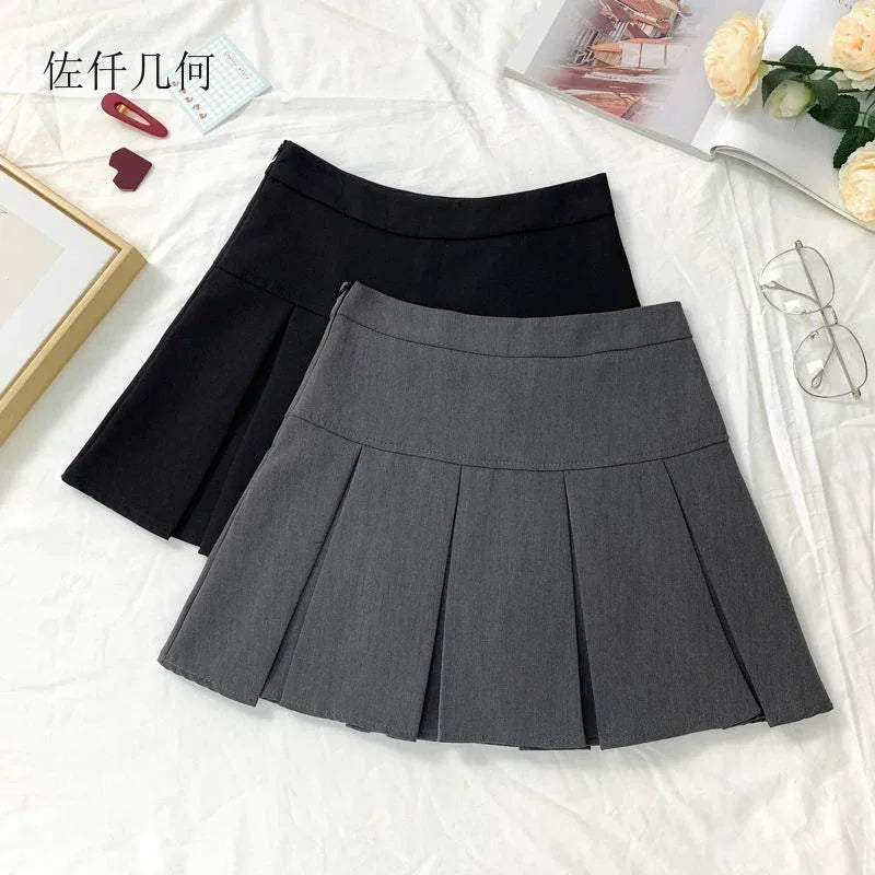 2025 New Black and Grey Pleated Skirt Women High Waist Mini Vintage Solid Skirts Korean Fashion School Uniform Streetwear