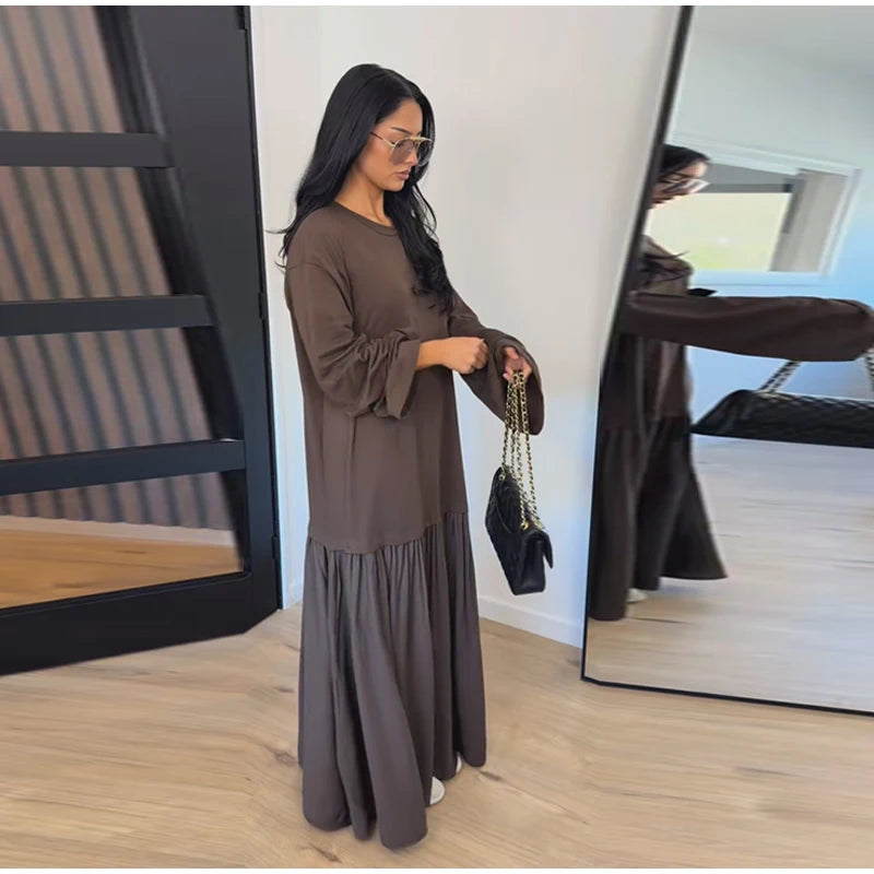2026 Summer New Loose Patchwork Dresses Women's Pleated Fashion Short Sleeve O-neck Long Robes Female Elegant Casual Dress