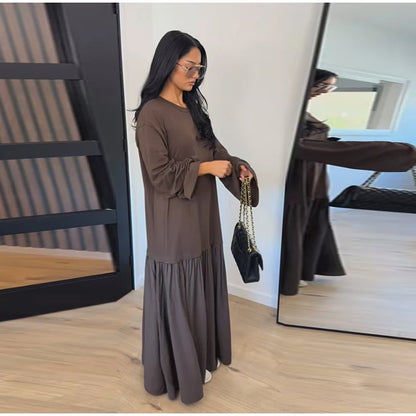 2026 Summer New Loose Patchwork Dresses Women's Pleated Fashion Short Sleeve O-neck Long Robes Female Elegant Casual Dress