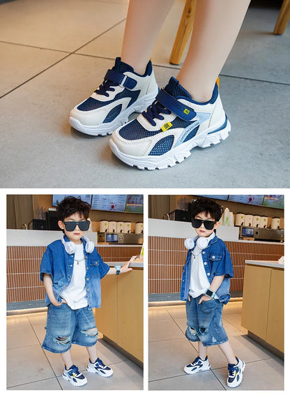 Kid Sneakers Sport Shoes for Boys Fashion Leather Children Breathable Mesh Comfort Shoes Casual Walking Outdoor Running Shoes