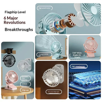 Mini Clip Fan 720°Rotation Built-in Night Lamp USB Rechargeable Powerful Airflow Portable Cooling Fan For Travel Camping Outdoor