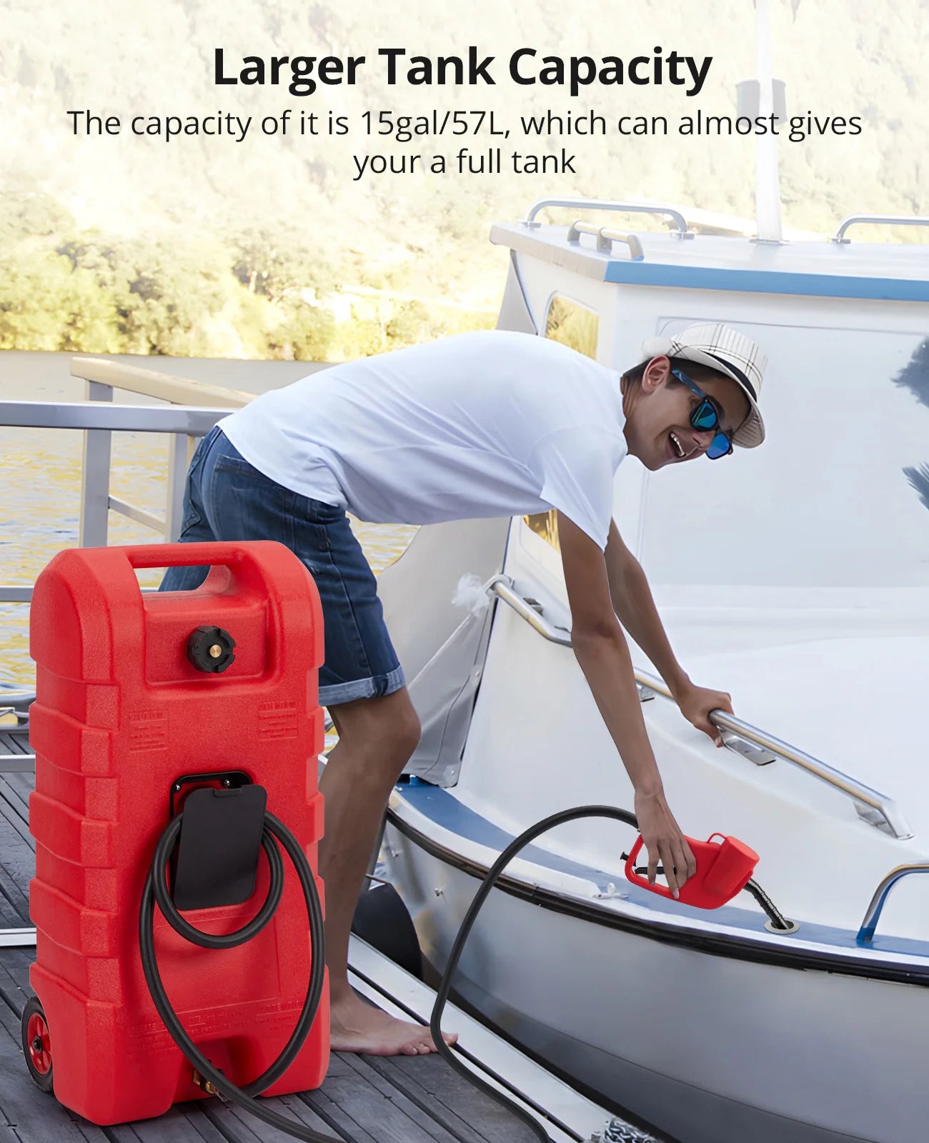 Heavy-Duty 15 Gallon Portable Fuel Caddy – Manual Siphon Pump & 10FT Delivery Hose – On-Wheels Gas & Heavy-duty Transfer Tank – Ideal Tool Storage for Cars, Lawn Mowers, Boats