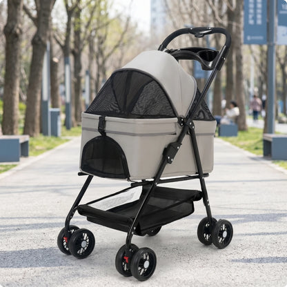 Pet Stroller with Storage Basket 4-Wheel Foldable Pet Stroller Collapsible Breathable for Small Dogs, Outdoor Walks, Travel