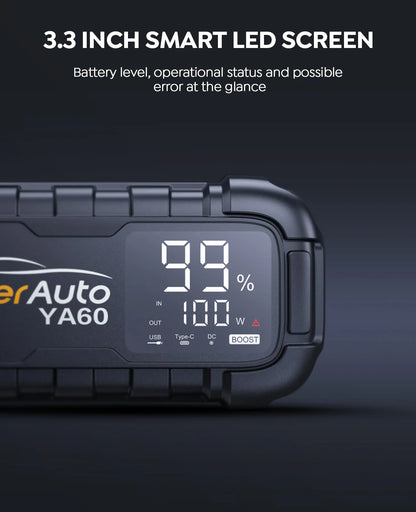 6000A Jump Starter 150W DC PD45W Car Battery Charger 3.3 LED Screen 600 Lumens Flashlight Battery Charger Super Starting Device