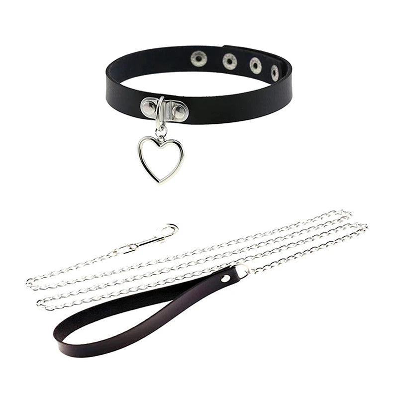 Sexy Leather Heart Necklace Collar Set with Leash for Women BDSM Cosplay Bondage Accessories Couple Role Play Game Props