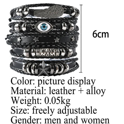 6pcs/Set Black Punk Skull & Star Shaped Alloy & Pu Leather Bracelet