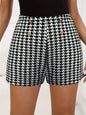 Women's Houndstooth High Waist Shorts | Decorative Gold Button Detail | Tailored Casual Dressy Outfit