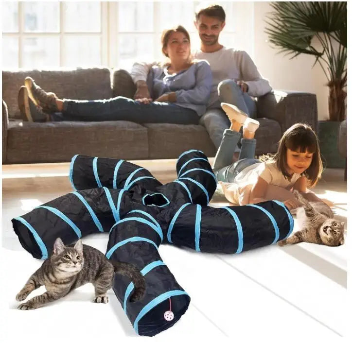 S-Shaped Play Tunnel with 5 Interactive Ways, Crinkle Paper & Peek-Through Holes, Tear-Resistant Polyester Fabric, Spring Steel Frame, Foldable Portable for Cats Rabbits Ferrets, Hiding Chasing Hunting Enrichment Toy, Pet Act