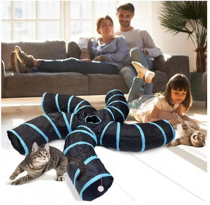 S-Shaped Play Tunnel with 5 Interactive Ways, Crinkle Paper & Peek-Through Holes, Tear-Resistant Polyester Fabric, Spring Steel Frame, Foldable Portable for Cats Rabbits Ferrets, Hiding Chasing Hunting Enrichment Toy, Pet Act