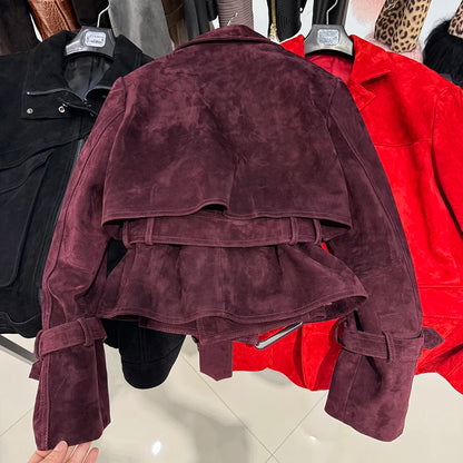 YOLOAgain 2025 Autumn Elegant Real Leather Jacket Coat Women Oversized Leather Jacket With Belt