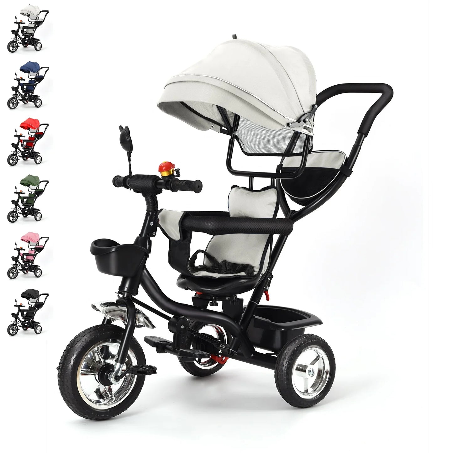 Baby scalable Tricycle 1 to 5 years, bike for elderly plus children, reversible seat, large basket and bag, larger wheels, with thrust handle, green/pink/black/red/blue/gray